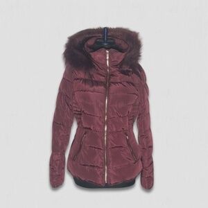 NWOT SWEET LOOK Winter Quilted Puffer Jacket Hooded Faux Fur Lined Wine sz M